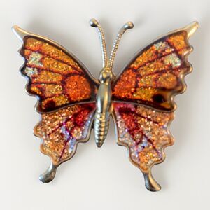 Vintage Orange Enamel Butterfly Brooch Gold Tone Filigree Wings Statement Pin